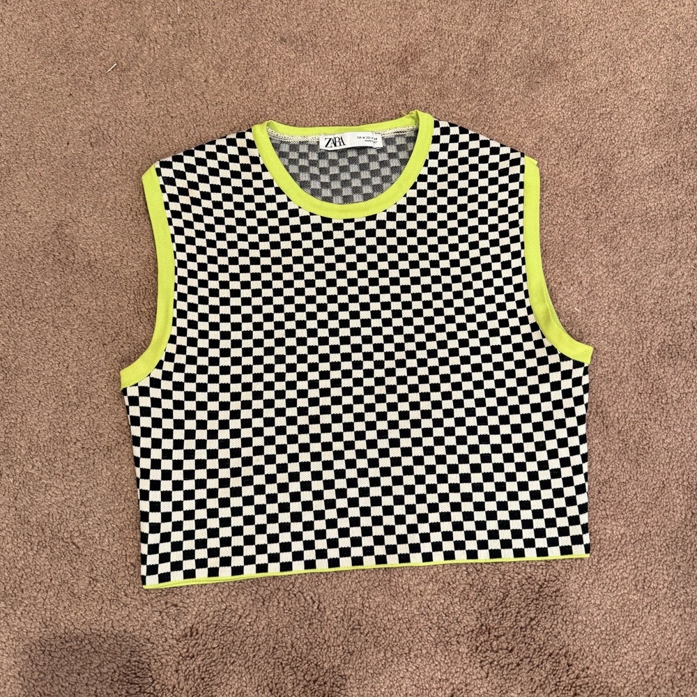 Zara Black and White Checkered Tank with Neon Trim